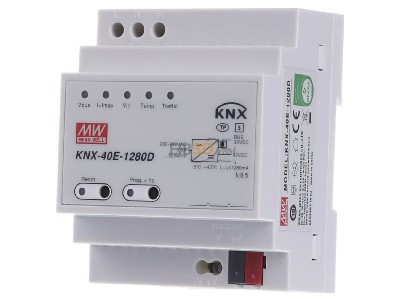 Front view Mean Well KNX-40E-1280D EIB/KNX power supply 1280mA with integrated choke and diagnostic function
