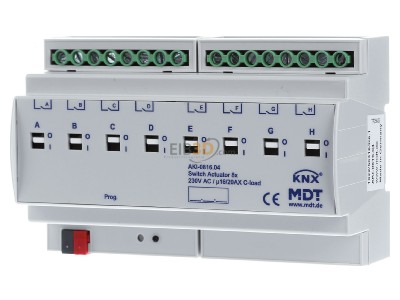 Frontansicht MDT AKI-0816.04 EIB/KNX Schaltaktor 8-fach, 8TE, REG, 16/20A, 230VAC, C-Last, Industrie, 200F, 