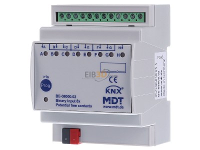 Frontansicht MDT BE-08000.02 EIB/KNX Binreingang 8-fach, 4TE REG, Eingnge potentialfrei, 