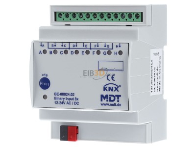 Frontansicht MDT BE-08024.02 EIB/KNX Binreingang 8-fach, 4TE REG, Eingnge 24VAC/DC, 