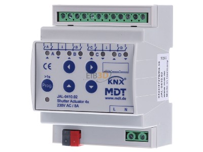 Frontansicht MDT JAL-0410.02 EIB/KNX Jalousieaktor 4-fach, 4TE, REG, 10A, 230VAC - 