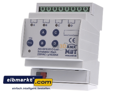 Front view MDT AKI-0416.03 EIB/KNX Switch Actuator 4-fold, 4SU MDRC, 16/20A, 230VAC, C-load, 200?F - 
