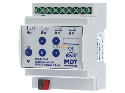Frontansicht MDT AKS-0416.03 EIB/KNX Schaltaktor 4-fach, 4TE, REG, 16A, 230VAC, C-Last, Standard, 140F - 