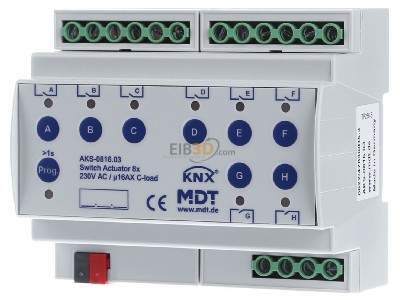 Front view MDT AKS-0816.03 EIB/KNX Switch Actuator 8-fold, 6SU MDRC, 16A, 230VAC, C-load, 140F - 
