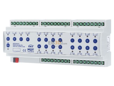 Frontansicht MDT AKS-2016.03 EIB/KNX Schaltaktor 20-fach, 12TE, REG, 16A, 230VAC, C-Last, Standard, 140F - 