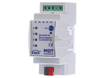 Front view MDT BE-04024.02 EIB/KNX Binary Input 4-fold, 2SU MDRC, Inputs 24VAC/DC, 
