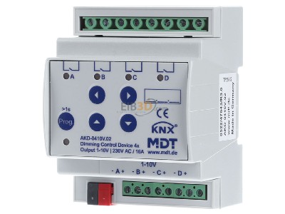 Front view MDT AKD-0410V.02 KNX/EIB Dimming Actuator 4-fold, 4TE, REG, 1-10V, RGBW
