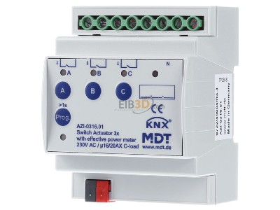 Front view MDT AZI-0316.01 KNX/EIB Switch Actuator 3-fold, 4TE, REG, 16/20A, 230VAC, C-Last, Industrie, 200F, mit Wirkleistungszhler
