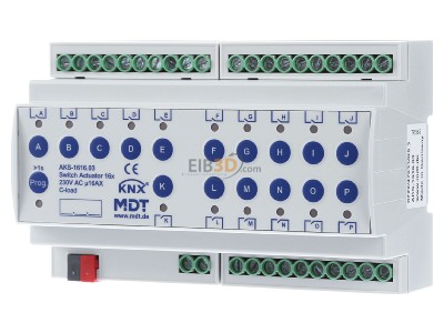 Frontansicht MDT AKS-1616.03 EIB/KNX Schaltaktor 16-fach, 8TE, REG, 16A, 230VAC, C-Last, Standard, 140F, 