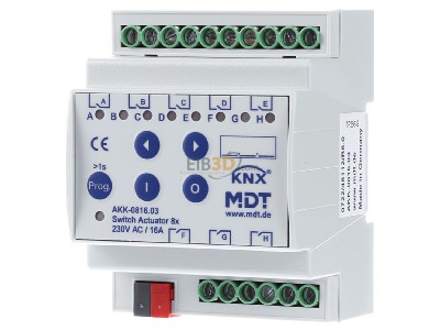 Frontansicht MDT AKK-0816.03 KNX/EIB Schaltaktor 8-fach, 4TE, REG, 16A, 70, 10EVG, 230VAC, Kompakt, 