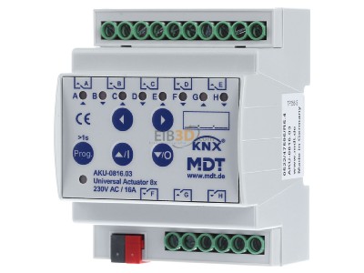 Frontansicht MDT AKU-0816.03 EIB/KNX Universalaktor 8-fach, 4TE, REG, 16A, 100F, 15EVG, 230VAC, 