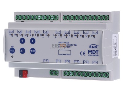 Frontansicht MDT AKU-1616.03 EIB/KNX Universalaktor 16-fach, 8TE, REG, 16A, 100F, 15EVG, 230VAC, 