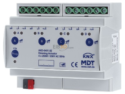 Front view MDT AKD-0401.02 EIB/KNX Dimming Actuator 4-fold, 6SU MDRC, 250W, 230VAC, measurement - 

