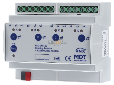 Front view MDT AKD-0401.02 EIB/KNX Dimming Actuator 4-fold, 6SU MDRC, 250W, 230VAC, measurement - 
