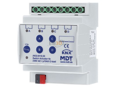 Frontansicht MDT AKS-0410.03 EIB, KNX, Schaltaktor 4-fach, 4TE, REG, 10A, 230VAC, C-Last, Standard, 140F, 