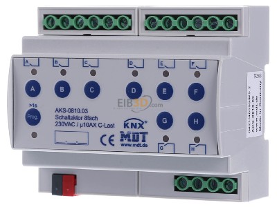 Frontansicht MDT AKS-0810.03 EIB, KNX, Schaltaktor 8-fach, 6TE, REG, 10A, 230VAC, C-Last, Standard, 140F, 