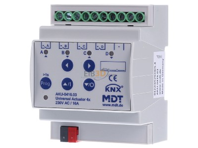 Front view MDT AKU-0416.03 EIB, KNX, Universal Actuator 4-fold, 4SU MDRC, 16A, 230VAC, 100F, 15ECG, 
