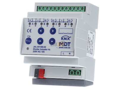 Frontansicht MDT JAL-0410M.02 EIB, KNX, Jalousieaktor 4-fach mit Fahrzeitmessung, 4TE, REG, 10A, 230VAC, 