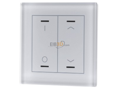 Front view MDT BE-GTL2TW.D1 EIB, KNX, Glass Push Button II Lite 2-fold, RGBW, Version UP/DOWN (R)+I/O symbol (L), with temp.sensor, White, 
