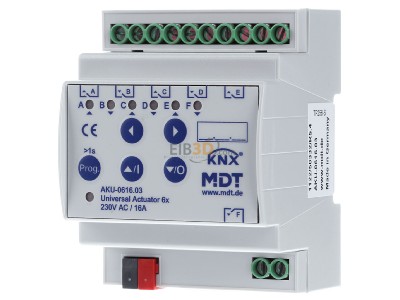 Frontansicht MDT AKU-0616.03 Universalaktor 6-fach 4TE REG,16A,230VAC,100F 