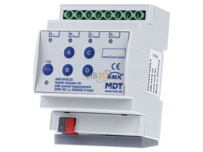 Frontansicht MDT AMI-0416.03 KNX Schaltaktor 4-fach, 4TE REG, 16/20 A, 230 V 