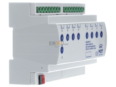 View on the left MDT AMI-0816.03 KNX Switch Actuator 8-fold, 8SU MDRC, 16/20 A, 230 V AC, C-load, 200 F, current measurement 
