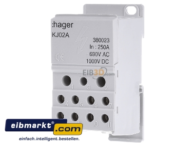 Front view Hager KJ02A Power distribution block (rail mount)

