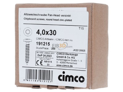 Frontansicht Cimco 19 1215 Torx-Allzweckschraube 4,0x30 T20 vz Halbr. 