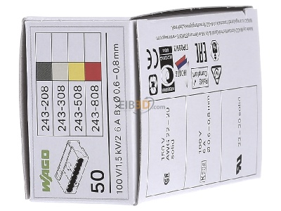 Ansicht rechts WAGO 243-508 Verb.dosenklemme ge 8x0,6-0,8qmm 