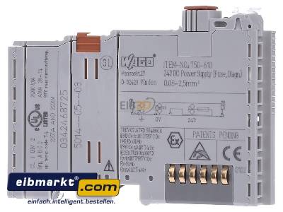 Frontansicht WAGO Kontakttechnik 750-610 Potentialeinspeisung DC24V,Sicherungshalt 