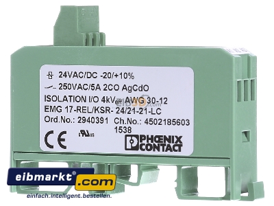 Front view Phoenix Contact EMG17-REL #2940391 Switching relay AC 24V DC 24V 5A EMG17-REL 2940391
