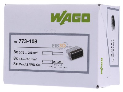 Frontansicht WAGO 773-108 Schraubenlose Verbindungsklemme, zweireihig, 8x1-2,5mm, transparent, 