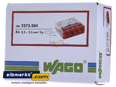 Frontansicht WAGO Kontakttechnik 2273-204 Verbindungsdosenklemme 4x 0.5-2.5 rot 