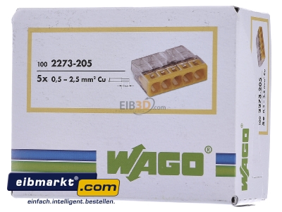 Frontansicht WAGO Kontakttechnik 2273-205 Verbindungsdosenklemme 5x 0.5-2.5 gelb 