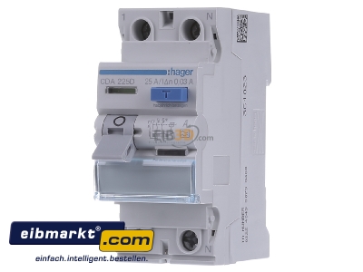 Front view Hager CDA225D Residual current breaker 2-p 25/0,03A
