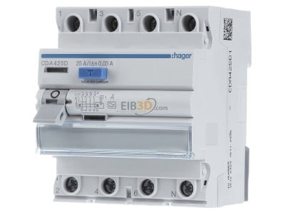 Front view Hager CDA425D Residual current breaker 4-p 
