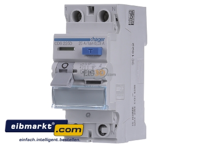 Front view Hager CDS225D Residual current breaker 2-p 25/0,03A
