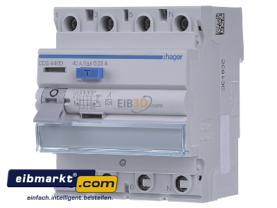 Front view Hager CDS440D Residual current breaker 4-p 40/0,03A
