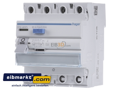 Front view Hager CDS463D Residual current breaker 4-p 63/0,03A - 
