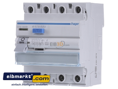 Front view Hager CGA440D Residual current breaker 4-p 40/0,5A 
