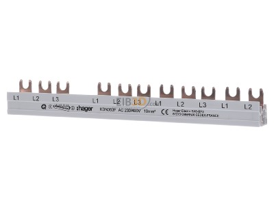 Front view Hager KDN363F 3-pole phase rail + neutral conductor for residual current device, 10mm, 
