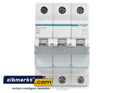 Front view Miniature circuit breaker 3-p C63A MCN363 Hager MCN363
