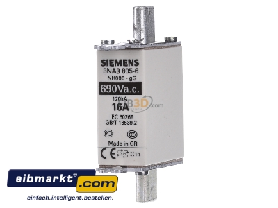 Front view Siemens Indus.Sector 3NA3805-6 Low Voltage HRC fuse NH000 16A
