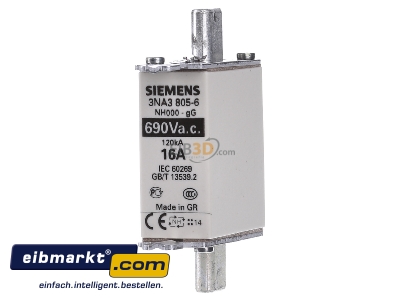 Frontansicht Siemens Indus.Sector 3NA3805-6 NH-Sicherungseinsatz Gr.000 16A,690V/250V 