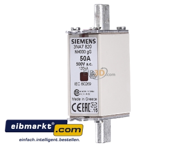 Front view Siemens Indus.Sector 3NA7820 Low Voltage HRC fuse NH000 50A 
