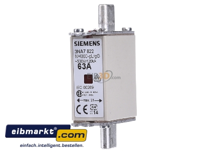 Front view Siemens Indus.Sector 3NA7822 Low Voltage HRC fuse NH000 63A
