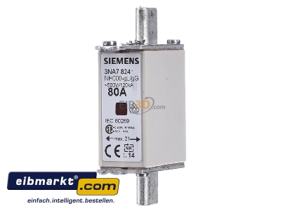 Front view Siemens Indus.Sector 3NA7824 Low Voltage HRC fuse NH000 80A
