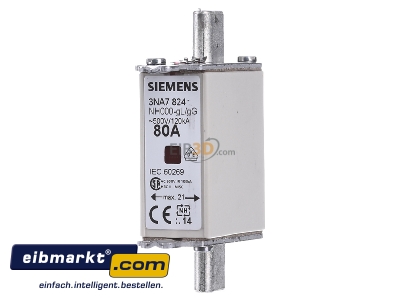Frontansicht Siemens Indus.Sector 3NA7824 NH-Sicherungseinsatz G000 80A 500AC/250DC 