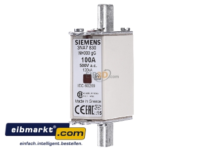 Front view Siemens Indus.Sector 3NA7830 Low Voltage HRC fuse NH000 100A 
