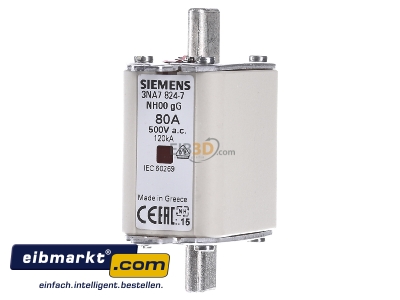 Front view Siemens Indus.Sector 3NA7824-7 Low Voltage HRC fuse NH00 80A - 
